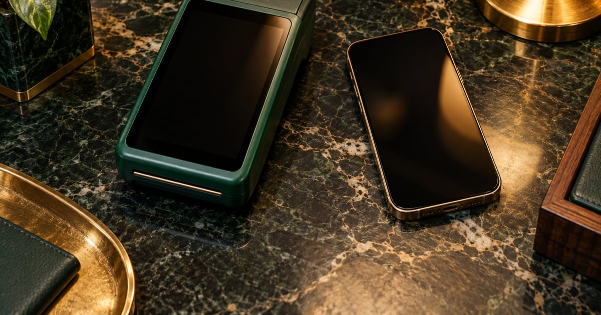 Unbranded contactless terminal and smartphone on a dark marble counter