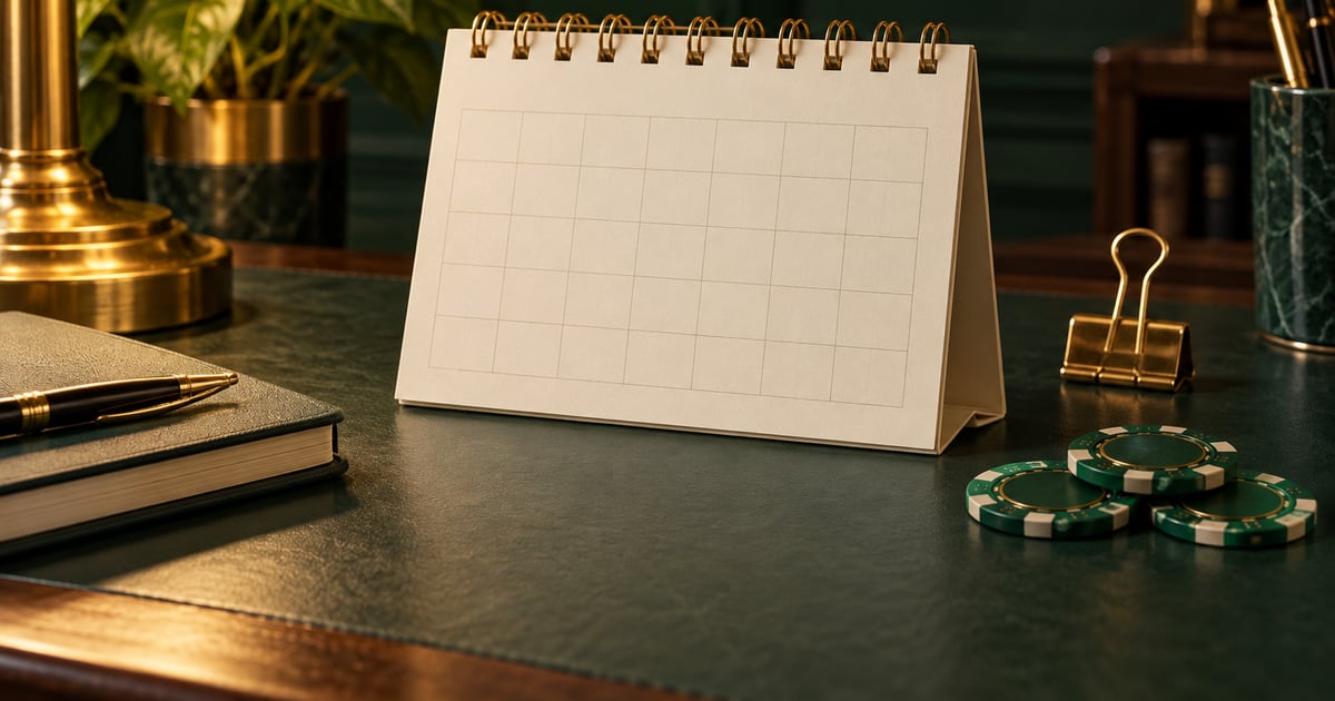 Blank desk calendar and green casino chips illustrating promotion dates