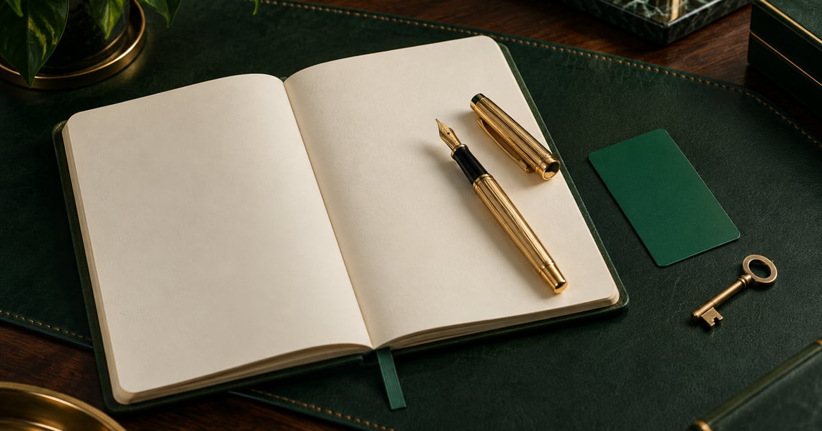 Fountain pen, blank notebook and keycard on a green leather desk pad