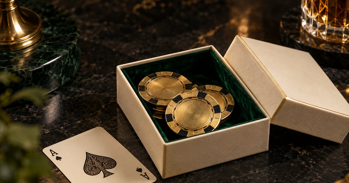 Open ivory box with green velvet lining and gold-toned chips