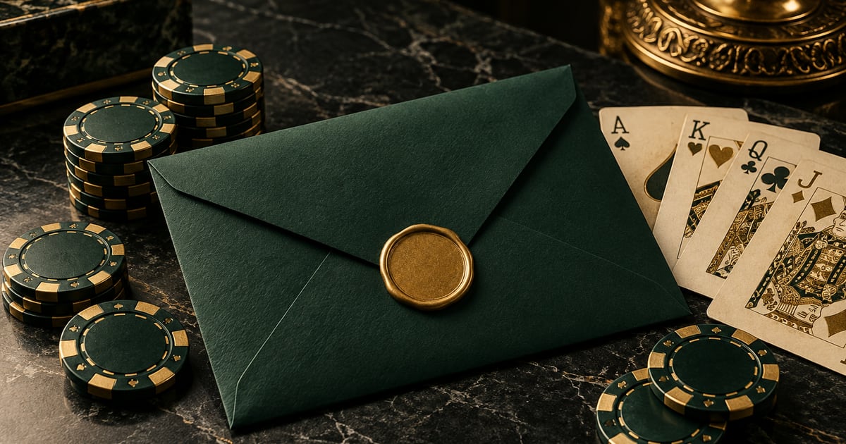 Sealed green envelope and gold-toned chips illustrating a guide to promotion conditions