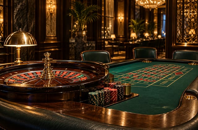 Empty casino table with a roulette wheel and warm lighting in a generic interior