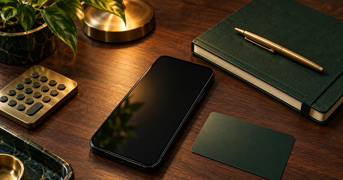 Unbranded smartphone, bank card and notebook on a walnut desk