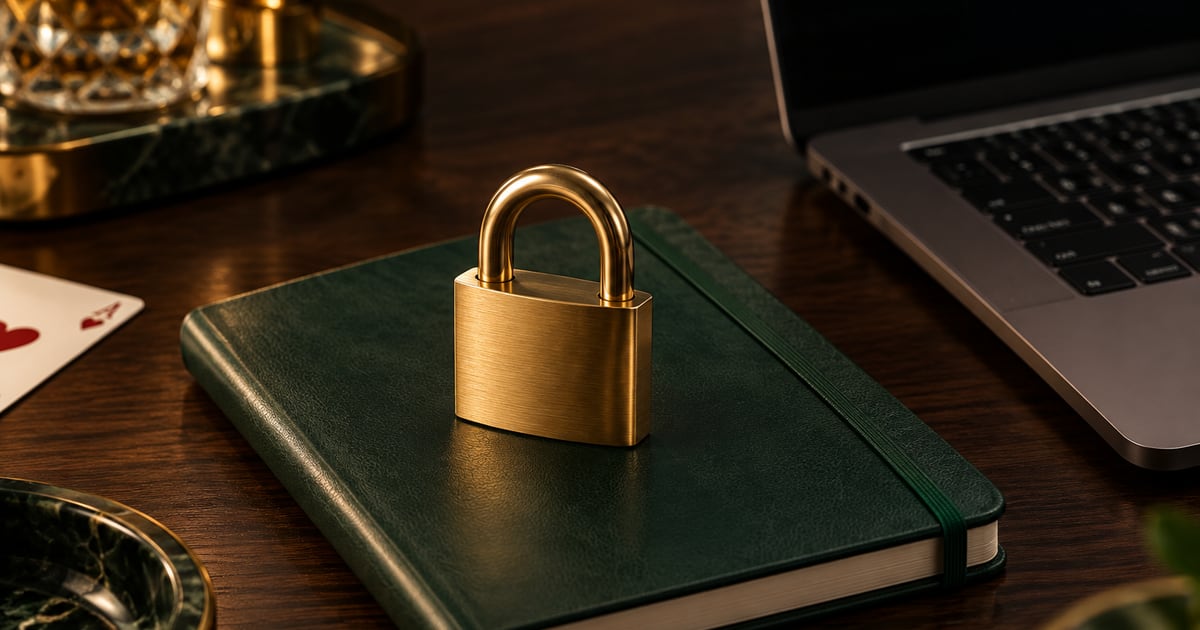Brass padlock and green notebook beside a laptop on a dark wooden desk